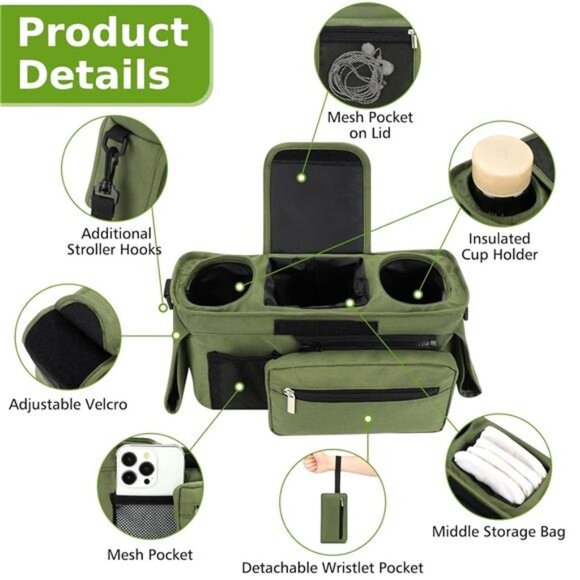 Stroller Organizer Bag with Cup Holders Detachable Phone Bag and Shoulder Strap - Picture 6 of 7